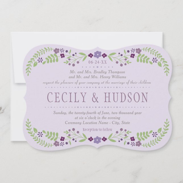Invitation Rustique violet et vert Mariage floral (Devant)