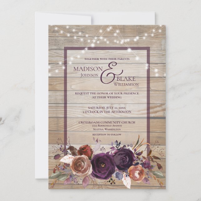 Invitation Rustique Violet Floral Bois Chaîne Mariage (Devant)