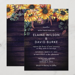 Invitation Rustique violet grange bois pays tournesol Mariage