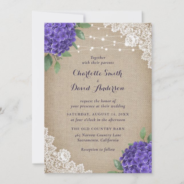Invitation Rustique violet Hydrangea Burlap Mariage dentelle (Devant)