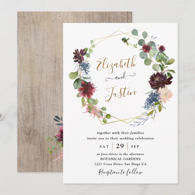 Invitation Rustique Waterclor Bourgogne Marine Floral Mariage (Devant / Derrière)