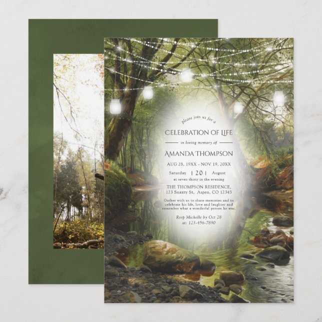 Invitation Rustique Wild Woodland Green Célébration de la vie (Devant / Derrière)