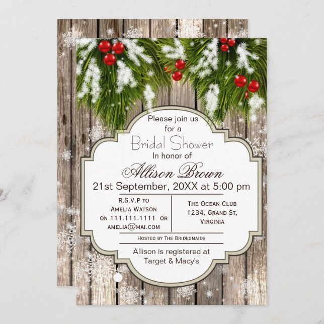 Invitation Rustique Winter Woodland Bride douche (Devant / Derrière)