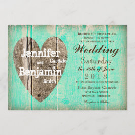 Invitation Rustique Wood Heart Aqua Mariage campagnard Invita