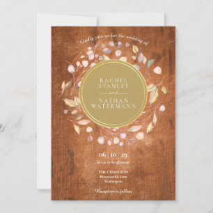 Invitation Rustique Wood Laurel Garland Faux Gold Foil Mariag