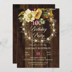 Invitation Rustique Woodsy Lighted Wreath 100e fête d'anniver