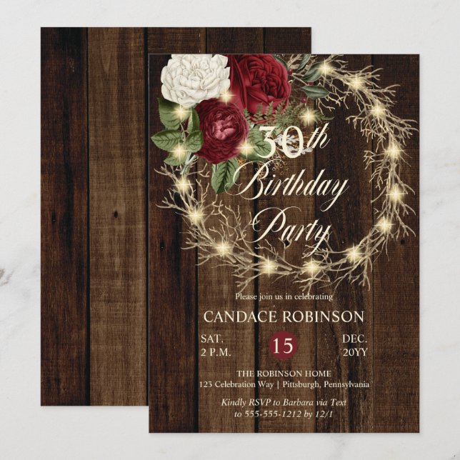 Invitation Rustique Woodsy Lighted Wreath 30e fête d'annivers (Devant / Derrière)