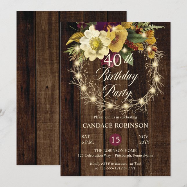 Invitation Rustique Woodsy Lighted Wreath 40e fête d'annivers (Devant / Derrière)
