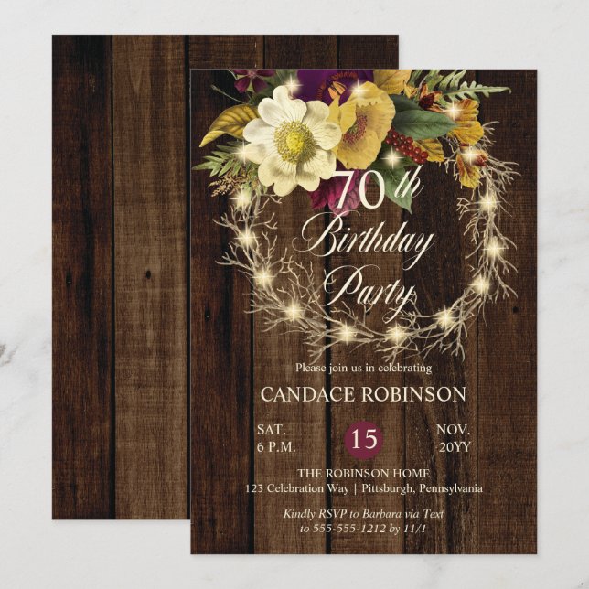 Invitation Rustique Woodsy Lighted Wreath 70e fête d'annivers (Devant / Derrière)
