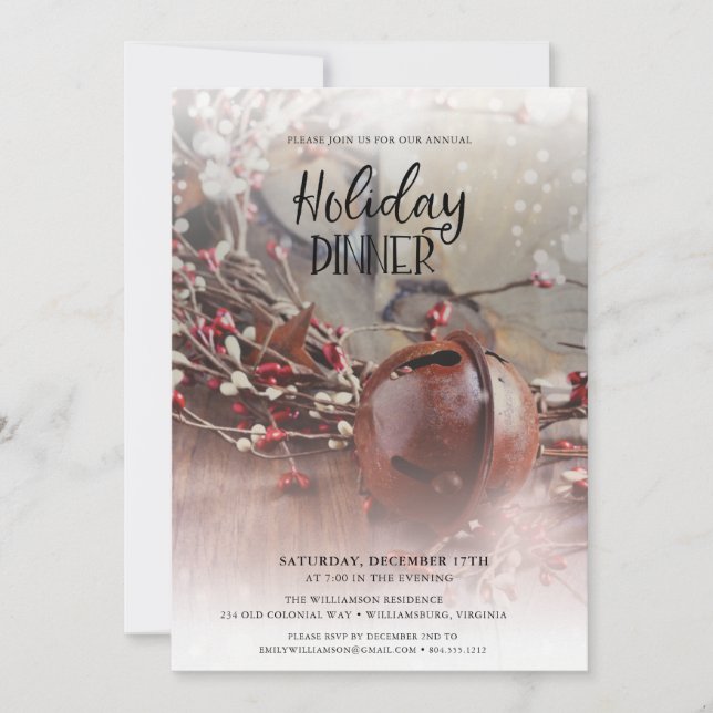 Invitation Rusty Bells Holly Berries Dîner de vacances (Devant)