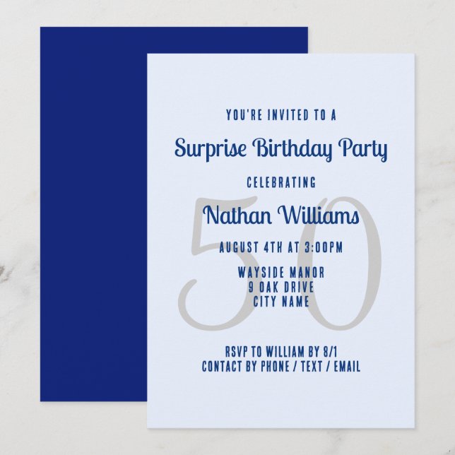 Invitation Sa surprise fête d'anniversaire Marine Blue Invita (Devant / Derrière)