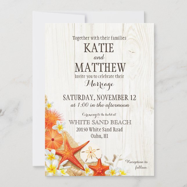 Invitation Sable Coquillages Floral Plage Rustique Mariage (Devant)