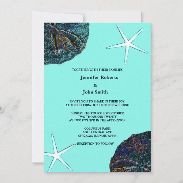 Invitation Sable Dollar Abstrait Sea Shells Turquoise Beach W (Devant)