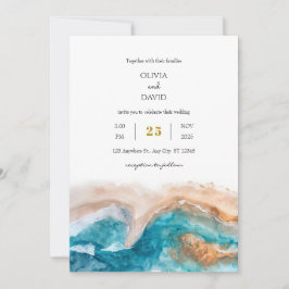 Invitation Sable Doré Turquoise Mer Aquarelle Plage Mariage