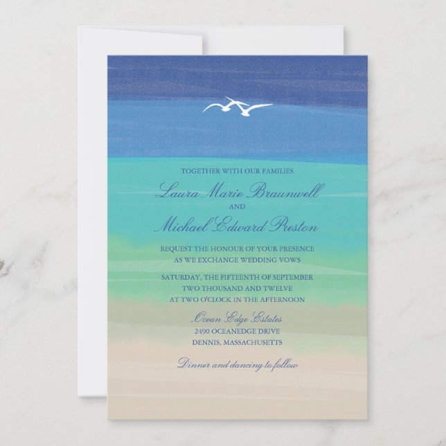 Invitation Sable, mer et mouettes | Mariage océanique peint (Devant)