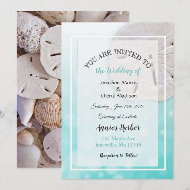 Invitation Sable turquoise Plage Dollar Thème Mariage Invitat (Devant / Derrière)