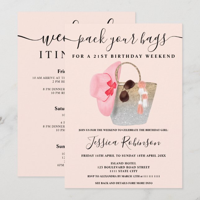 Invitation Sac de plage anniversaire argent rose parties scin (Devant / Derrière)