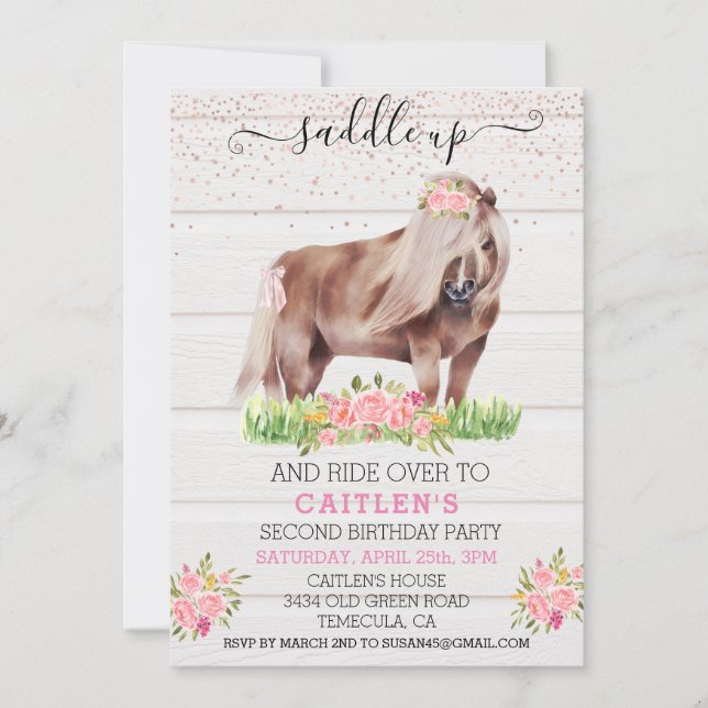 Invitation Saddle Up Pony Girl'Anniversaire Floral (Devant)