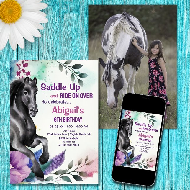 Invitation Saddup Black Horse and Flowers PHOTO Anniversaire (Créateur téléchargé)