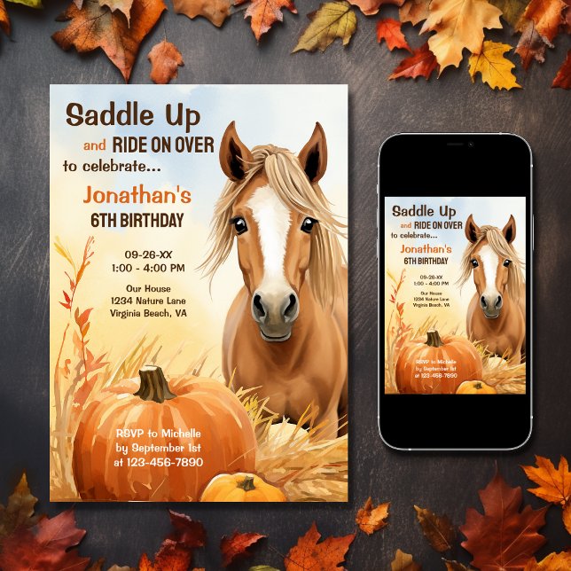 Invitation Saddup Cute Automne Cheval Automne Anniversaire (Printed and Digital - Cute Autumn Horse and Pumpkin Fall Birthday Invitation)