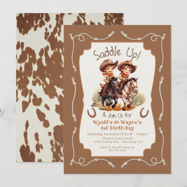 Invitation Saddup petit jumeau Cowboy cheval fête d'anniversa (Devant / Derrière)