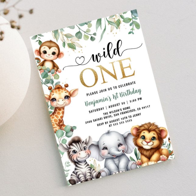 Invitation Safari 1er anniversaire Wild One | Gold Jungle Ani (Créateur téléchargé)