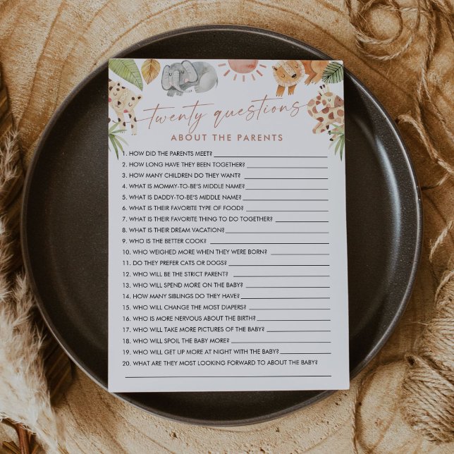 Invitation SAFARI 20 Questions sur le jeu de bébé des parents (Créateur téléchargé)