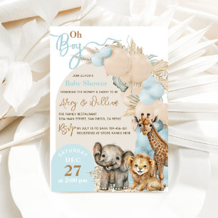 Invitation Safari Animal Boho Blue Balloon Baby shower garçon