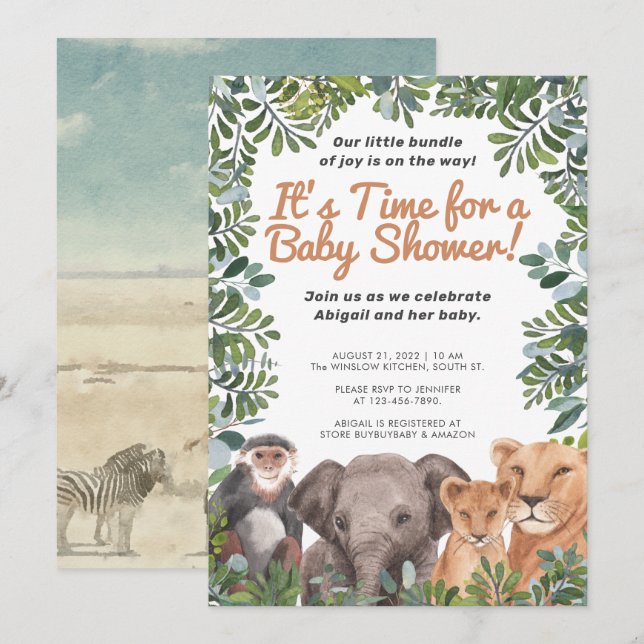 Invitation Safari animal, Eléphant, Baby shower vert singe (Devant / Derrière)