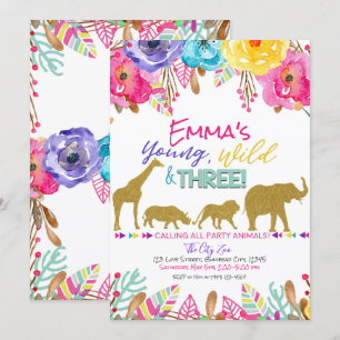 Invitation Safari Animal Jeune Wild & Trois Filles Anniversai