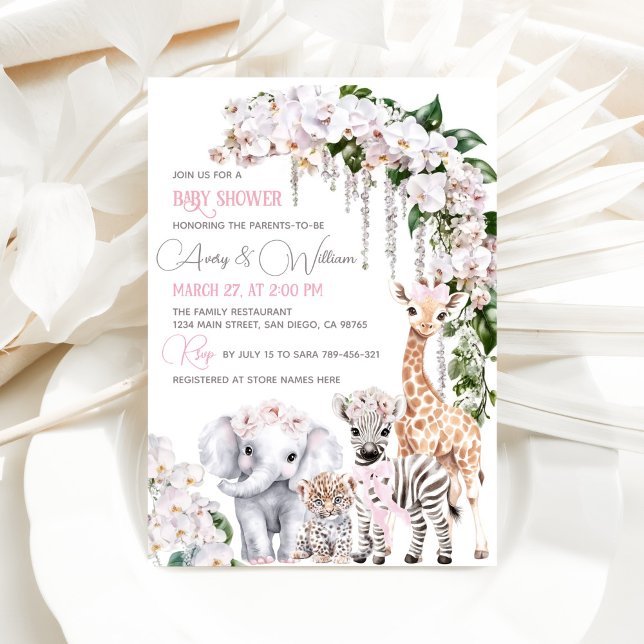 Invitation Safari Animal Tropical Baby shower rose Fleur (Créateur téléchargé)