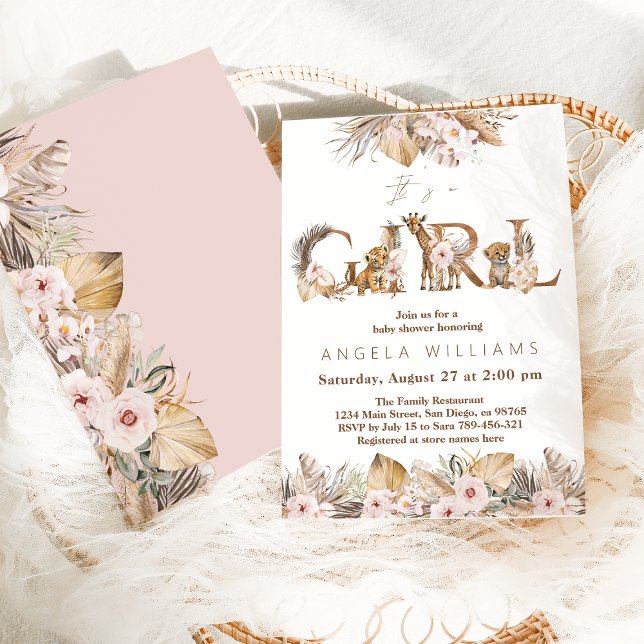 Invitation Safari Animal Tropical Floral Girl Baby shower (Créateur téléchargé)