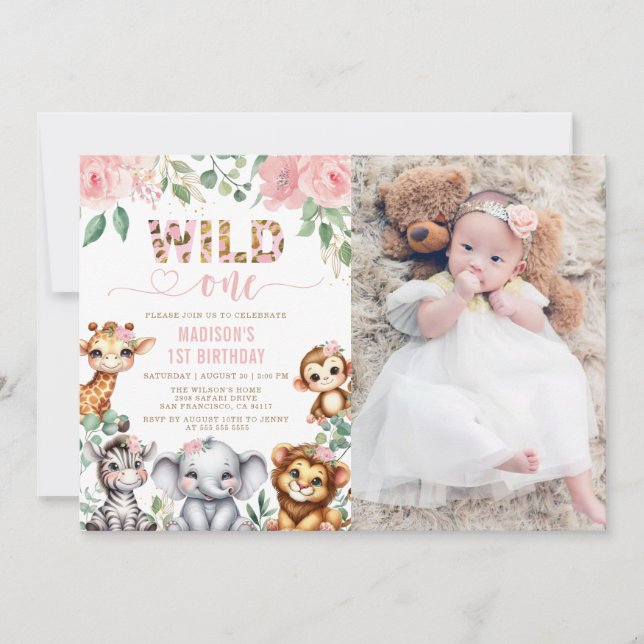 Invitation Safari Animal Wild One Floral 1er Anniversaire Pho (Devant)