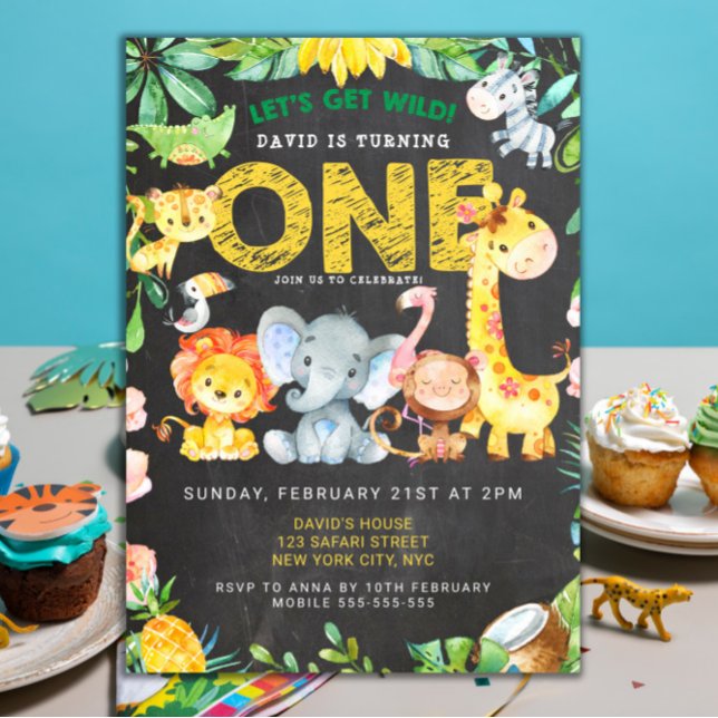 Invitation Safari Animaux 1er Garçon Anniversaire Chalkboard  (jungle themed zoo birthday 1st birthday party animals safari template)