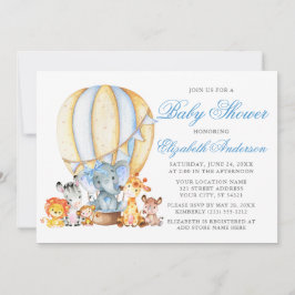 Invitation Safari Animaux Air Balloon Blue Bow Baby shower