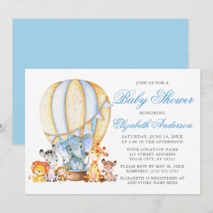 Invitation Safari Animaux Air Balloon Blue Bow Baby shower