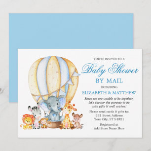 Invitation Safari Animaux Baby shower bleu ballon par la post