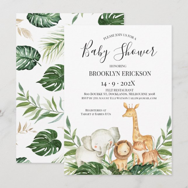Invitation Safari Animaux Baby shower de feuillage (Devant / Derrière)