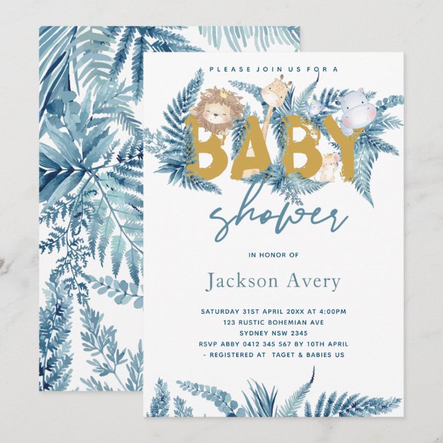 Invitation Safari Animaux Baby shower exotique (Devant / Derrière)