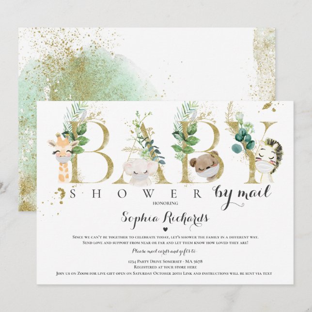 Invitation Safari Animaux Baby shower Par Mail Greenery Gold (Devant / Derrière)