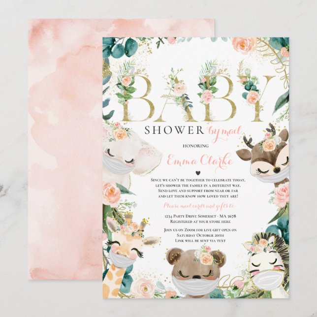 Invitation Safari Animaux Baby shower Par Mail Greenery Gold (Devant / Derrière)