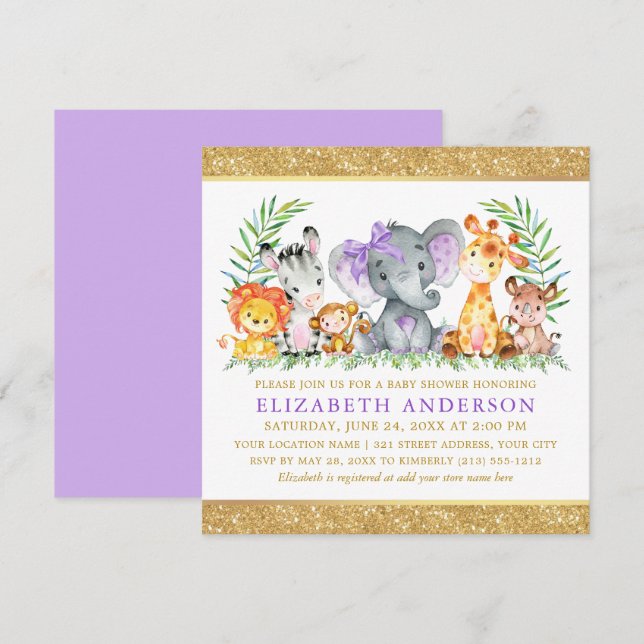Invitation Safari Animaux Baby shower Violet Bow Parties scin (Devant / Derrière)