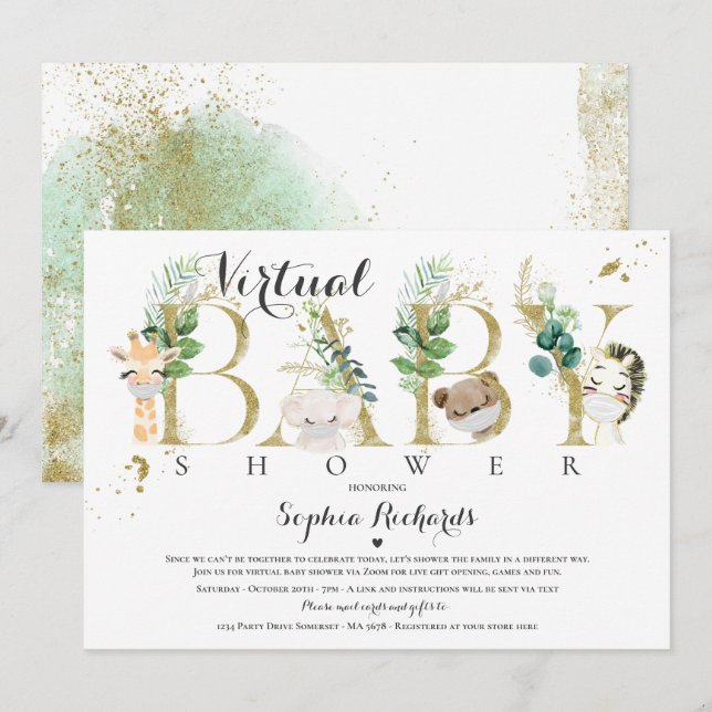 Invitation Safari Animaux Baby shower virtuel Verdure Or (Devant / Derrière)