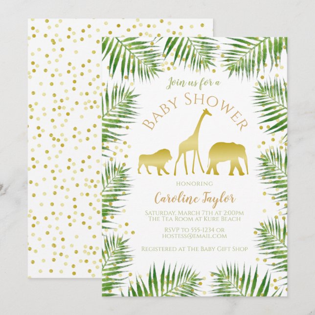 Invitation Safari Animaux Baby showers d'or (Devant / Derrière)