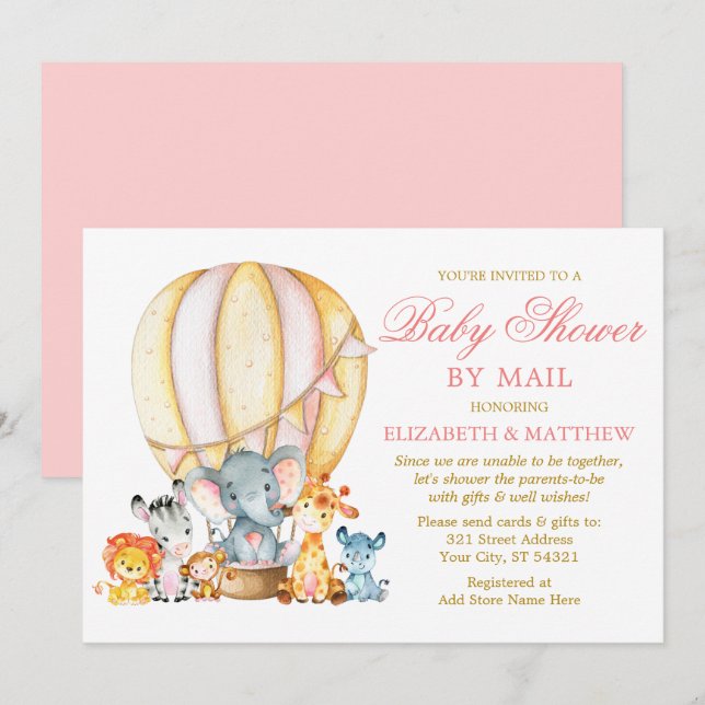Invitation Safari Animaux Balloon Rose Or Douche par Mail (Devant / Derrière)