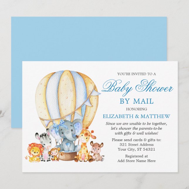Invitation Safari Animaux Blue Bow Balloon Douche par la post (Devant / Derrière)