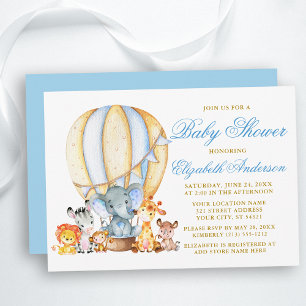 Invitation Safari Animaux Blue Hot Air Balloon Baby shower