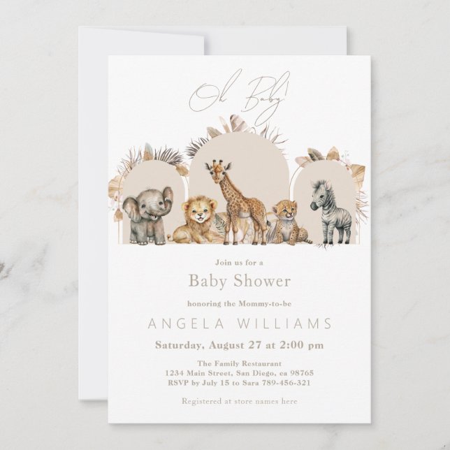 Invitation Safari Animaux Boho Baby shower avec demande de ré (Devant)