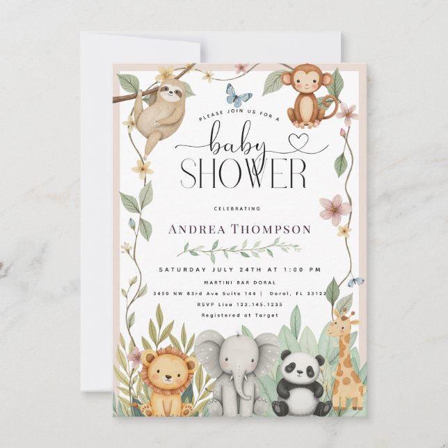 Invitation Safari Animaux Calligraphie Boho Baby shower Invit (Devant)
