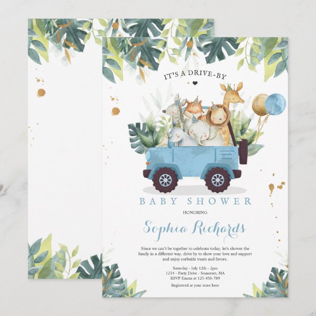 Invitation Safari Animaux Conduite Par Baby shower Verdure Or (Devant / Derrière)